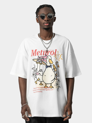 Moda Euramericana Patinho Impressão de Algodão T-Shirt de Grande Tamanho Manga Curta Streetstyle masculino